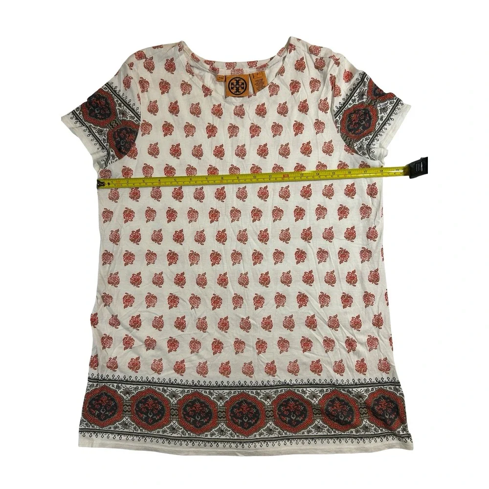Tory Burch Womens Pima Cotton Modal Floral Block Print Tee Shirt Red White S